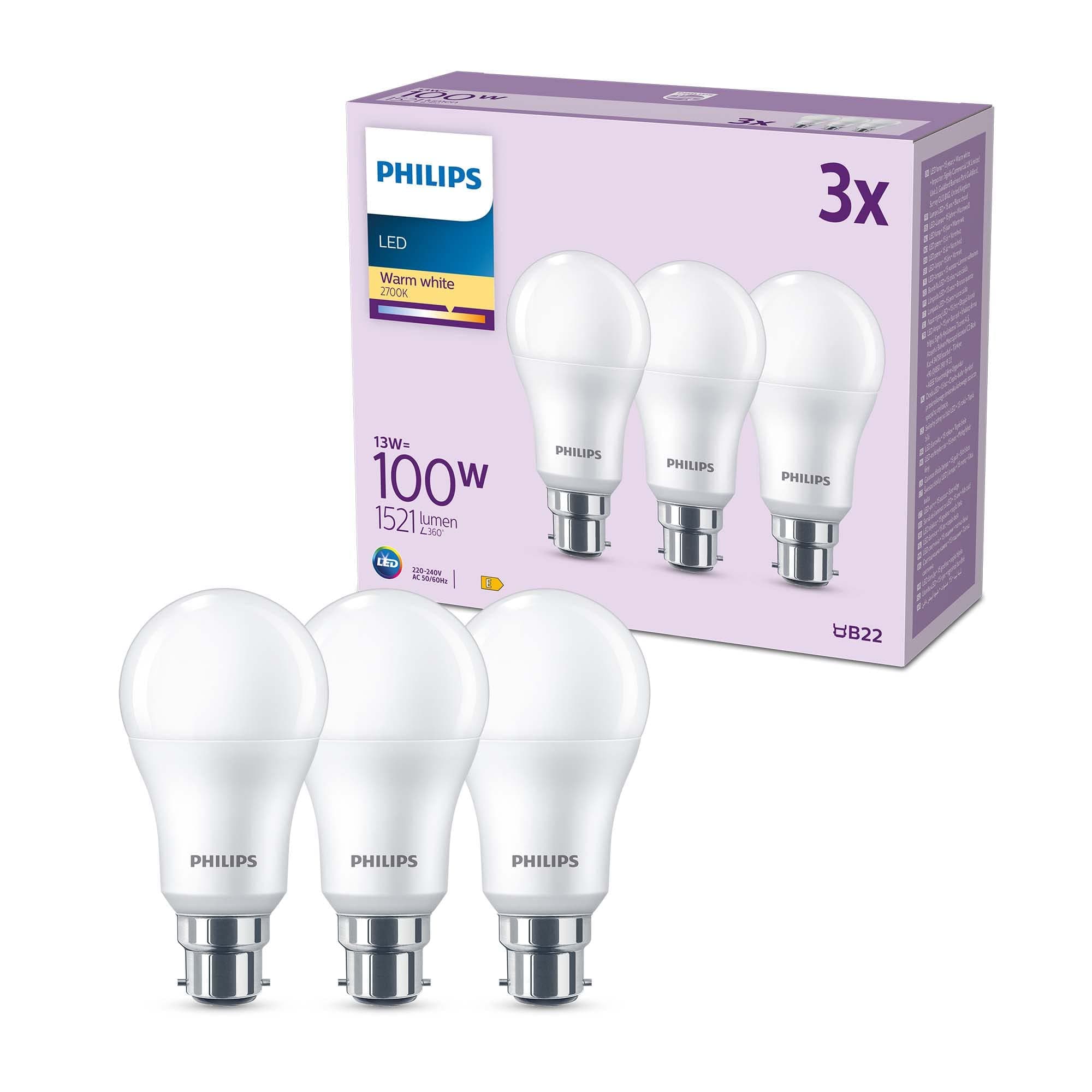 Philips LED Frosted A60 Light Bulb 3 Pack [Warm White 2700K - B22 Bayonet Cap] 100W, Non Dimmable. for Home Indoor Lighting, Value Range
