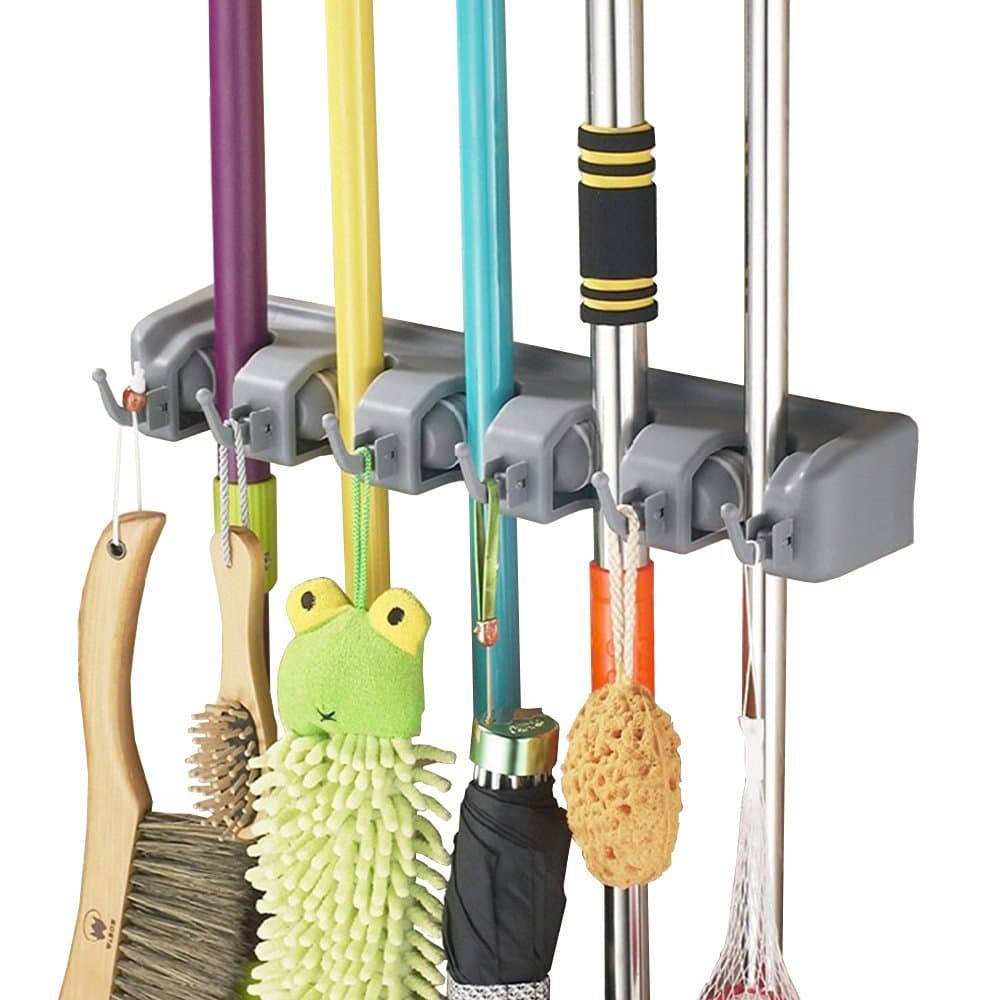 Mop Rack EZPart Mop and Broom wall mounted rack with Ball Slots and Hooks, superior Quality Tool Rack (5 Slots 6 Hooks)