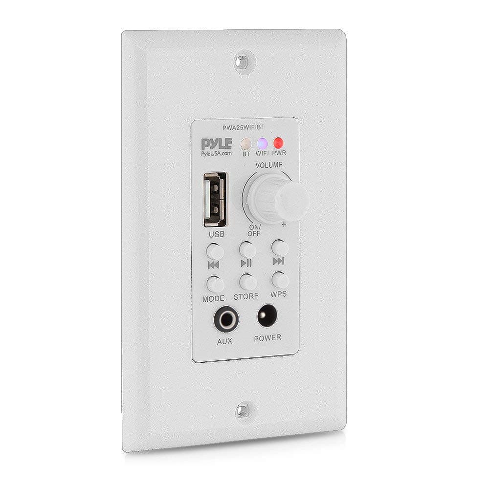 Pyle Wall Mount Bluetooth Receiver - WiFi Wireless Audio Music Speaker Control, Stereo Speakers Volume Controller w/ 3.5mm AUX Jack Input, USB, Adapter, 30ft Range, Home Theater App - Pyle PWA25WIFIBT