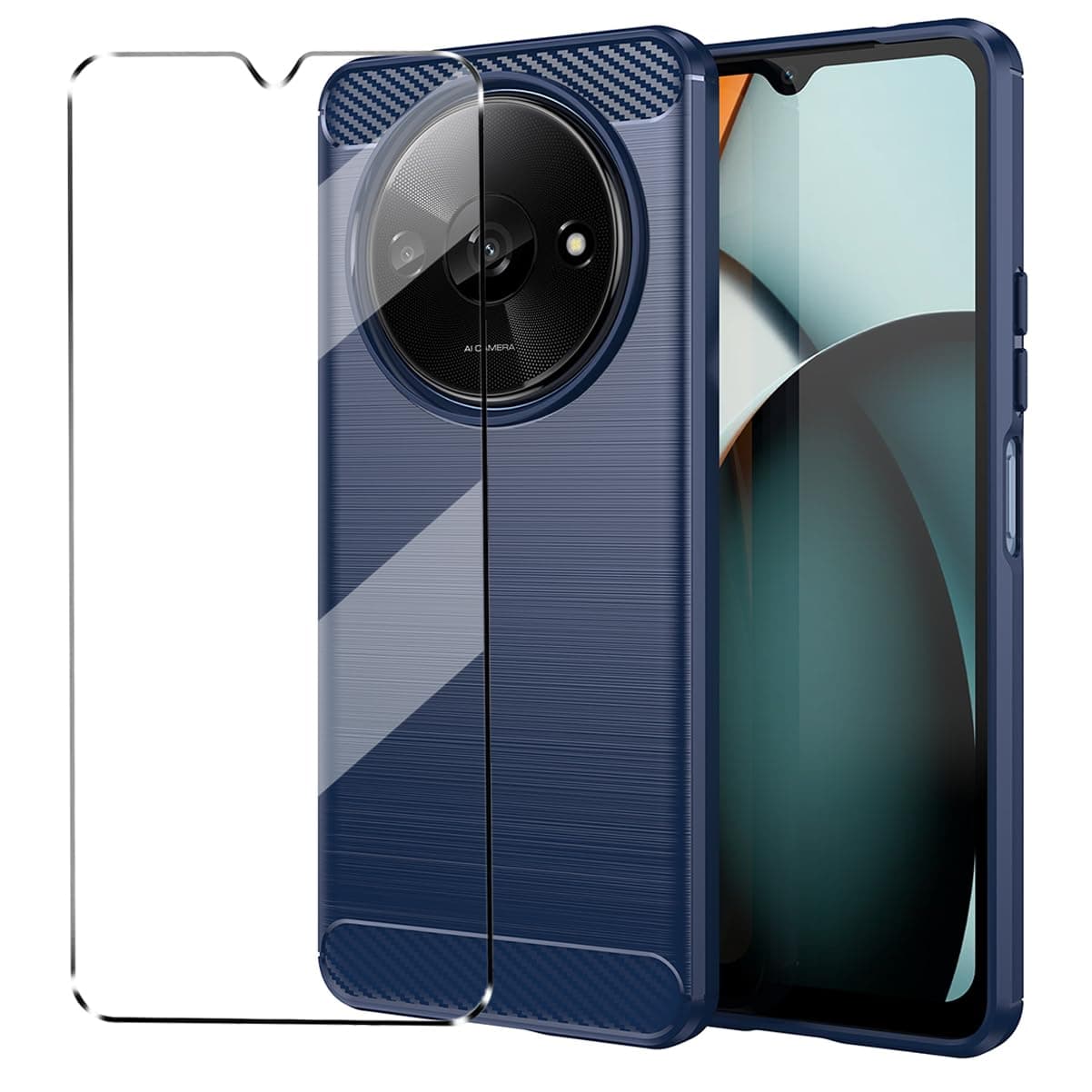 Cover for Xiaomi Redmi A3 Case with 1 Pack Tempered Glass Screen Protector Phone Case for Xiaomi Redmi A3,Soft TPU Slim Fit Shockproof Anti-Scratch carbon fibre Cover-Navy