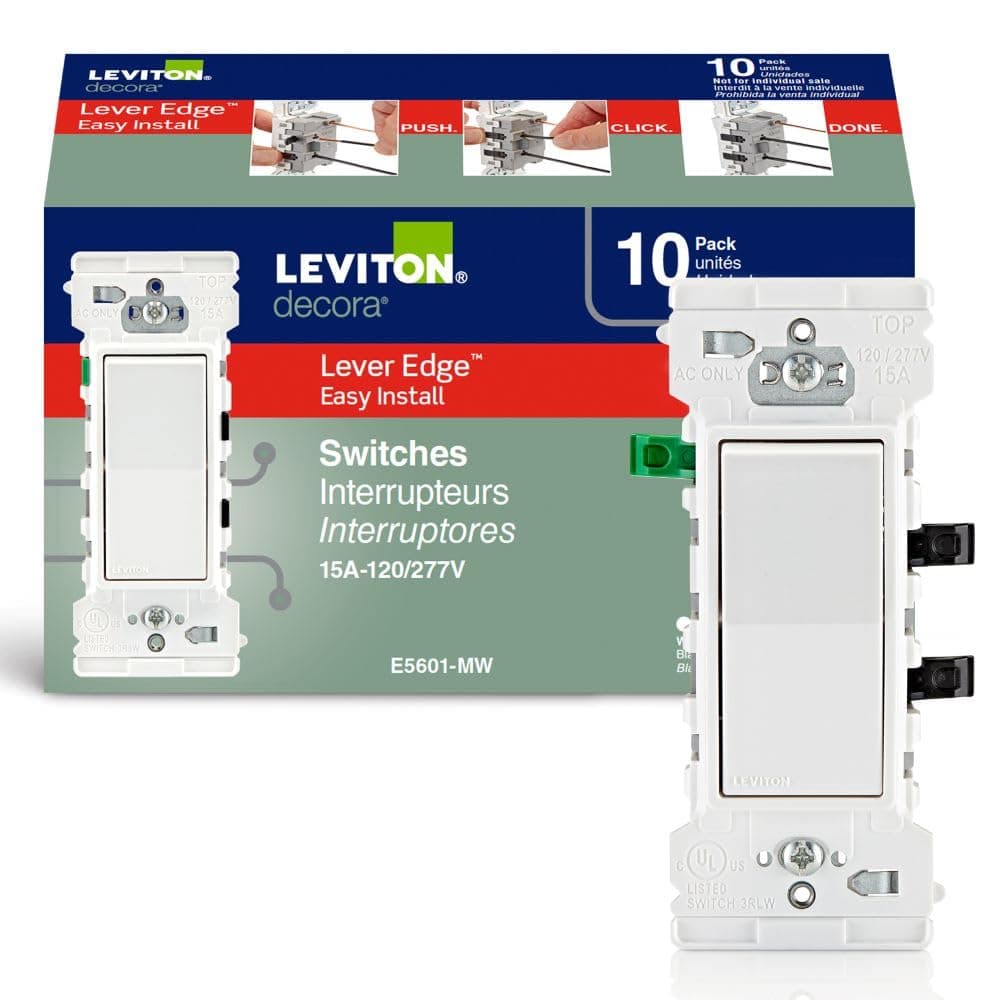 Lever Edge 15 Amp Single Pole Rocker Switch, 10-Pack, E5601-MW, White