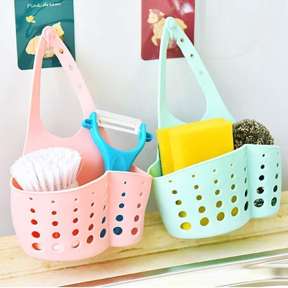 EKRON Kitchen Bathroom Sponge Soap Water Draining Hanging Plastic Holder Organizer for Faucet Sink (Standard Size, Random Colour) -2 Pieces