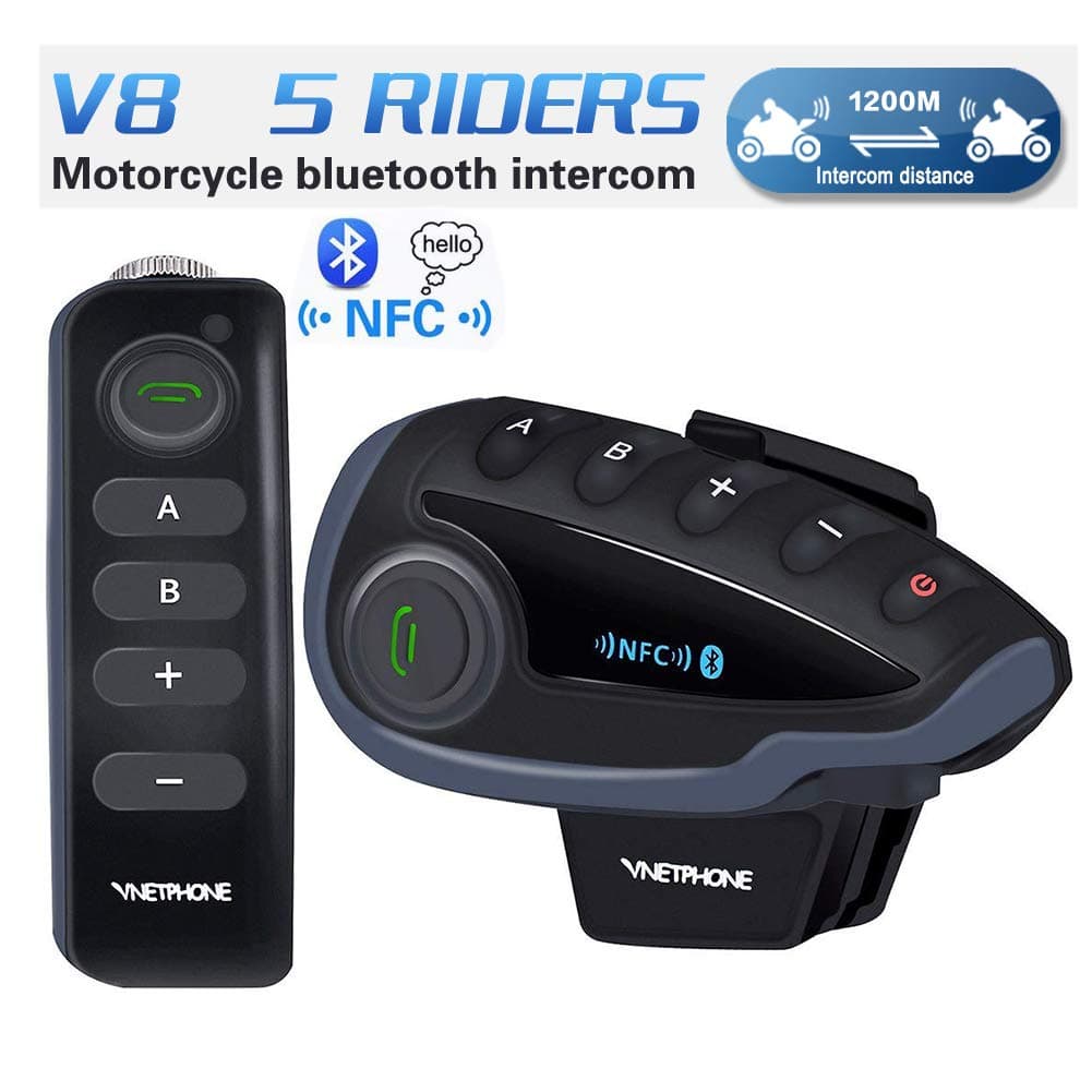 QSPORTPEAK V8 Motorcycle Helmet Bluetooth Headset,Intercom Communication Speaker - Handlebar Remote FM Radio NFC 1200M - 5 Riders Full Duplex Bluetooth Handsfree Intercom Speaker (1 Unit)