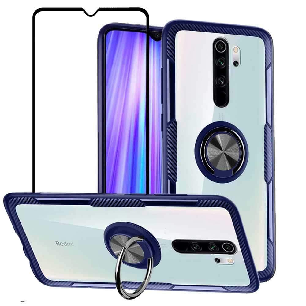 SANCARDY VICEANICS for Xiaomi Redmi Note 8 Pro Case, Crystal Clear Armor Case Cover with Magnetic Finger Ring Holder Kickstand & Tempered Glass Screen Protector, Blue