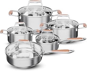 Stainless Steel Cookware Set, 5 Ply Pots and Pans Set 10 Piece, Fry Pan, Saucepan, Sauce pots, Non Toxic 18/8 Dishwasher Safe
