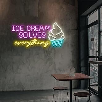 Ice Cream Solves Everything LED Neon Sign - Customizable Sweet Treat Wall Art for Home Kitchen, Coffee Shop & Dessert Bar Decor - 28 Inch Dimmable Ice Cream Light Signs