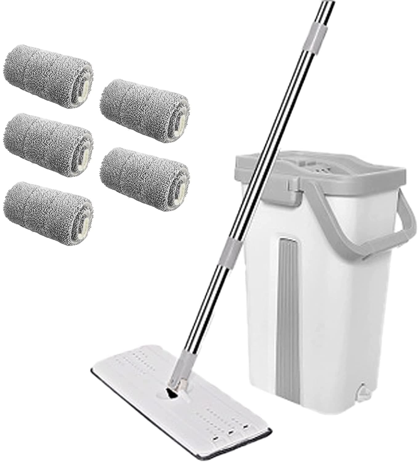 Microfiber Flat Mop with Bucket, Cleaning Squeeze Hand Free Floor Mop, 5 Reusable Mop Pads, Stainless Steel Handle,360° Rotating Head Squeeze Flat Mop (mop)