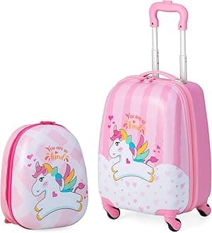 Maxmass 2PCS Kids Luggage Set, Hard Shell Children Trolley Case with 4 Universal Wheels, Girls Boys Suitcase and Backpack Set for Travel (Pink Unicorn, 12"+16")