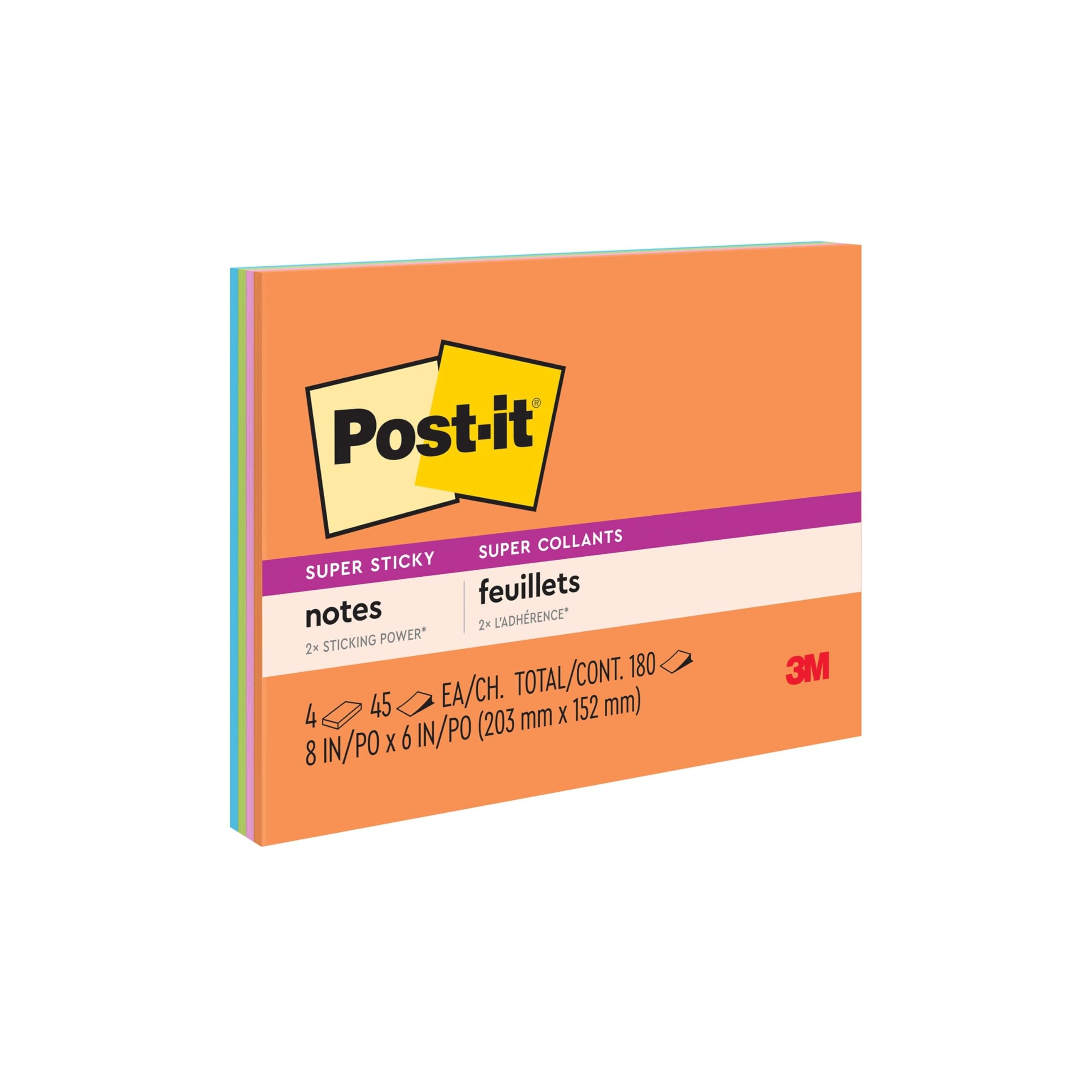 Post-it Super Sticky Lined Notes, 4 Sticky Note Pads, 8 x 6 in., Ideal for Organization in Your Dorm, Home or Office, Energy Boost Collection