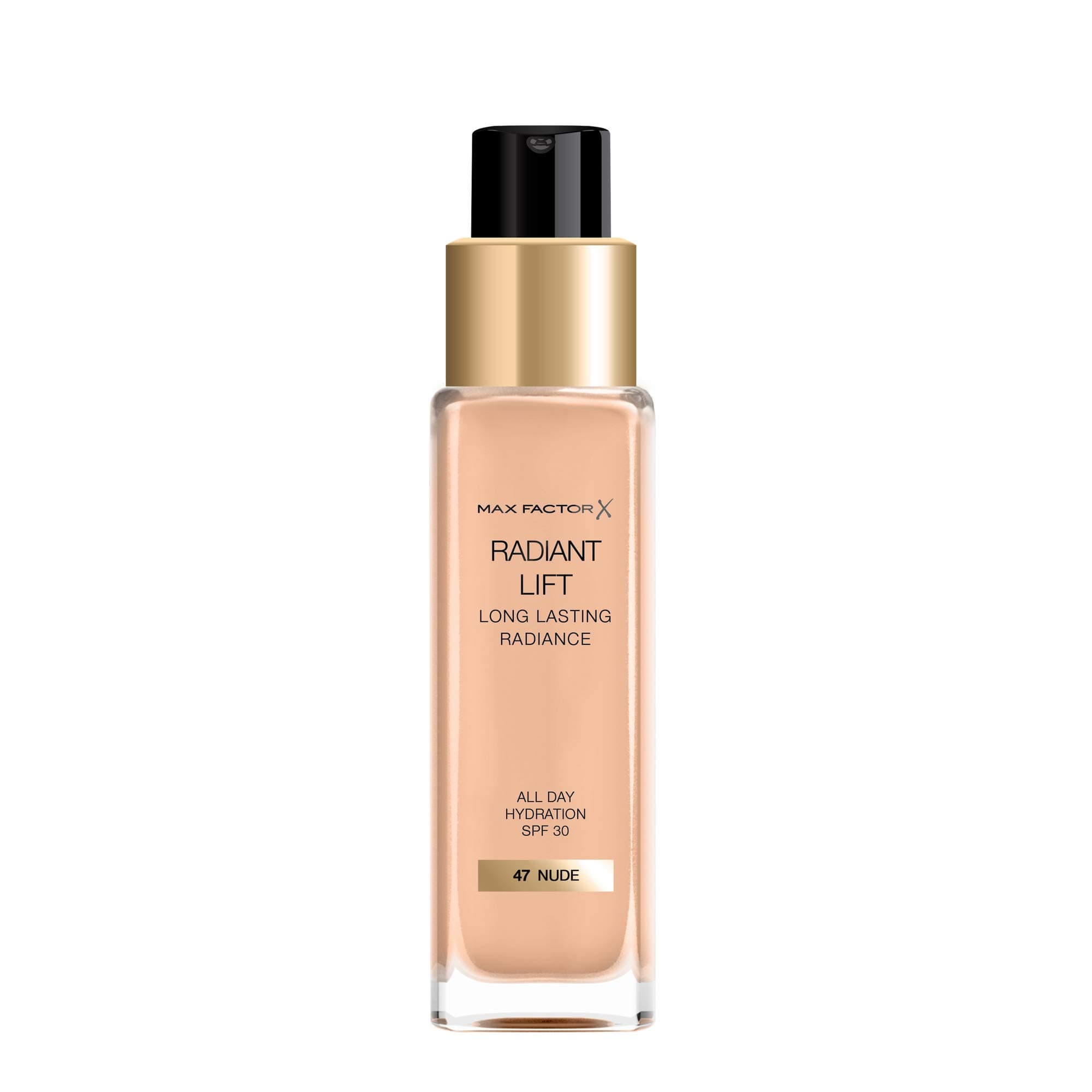 Max Factor Radiant Lift Liquid Pump Medium to Full Coverage Radiant Finish Foundation with SPF30 and Hyaluronic Acid, 047 Nude, Medium Skin Tone, 30ml
