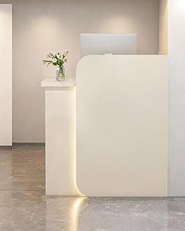 Reception Desk Office Checkout Counter, Modern Front Desk Reception Counter Desk with Lockable Drawer Simple Retail Counter for Retail, Lobby, Beauty Salon Clothing Store(Warm,32" Lx18 Wx39 H)