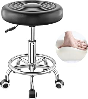 CSS® Round Rolling Stool with Wheels & Footrest – Height Adjustable (16.5"–20"), 360° Swivel, PU Leather Seat – Doctor, Salon, Tattoo, Massage Stool – 110 kg Capacity, Black