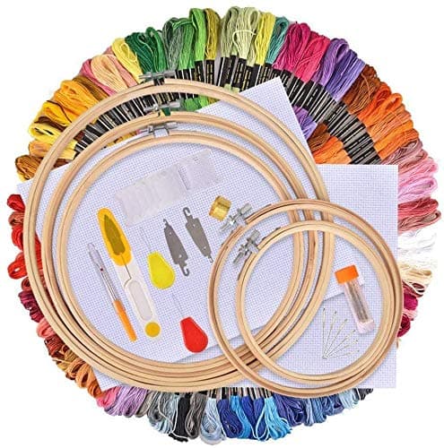 Embroidery Starter Kit, Starter Cross Stitch Tool Kit with 100 Colours Embroidery Thread, 40 Sewing Pins, 2 Pieces Aida Cloth, Embroidery Hoops and Cross Stitch Tools for Adults and Kids Beginners