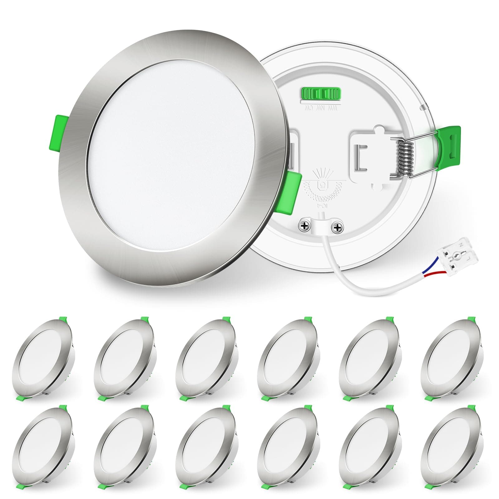 ALUSSO LIGHTING LED Brushed Nickel Downlights Dimmable Recessed Ceiling Lights 10W 1050lm High Brightness, 3000K Warm 4000K Neutral 6500K Cool White Bathroom Spotlight Ceiling Ultra Slim IP44, 12 Pack [Energy Class D]