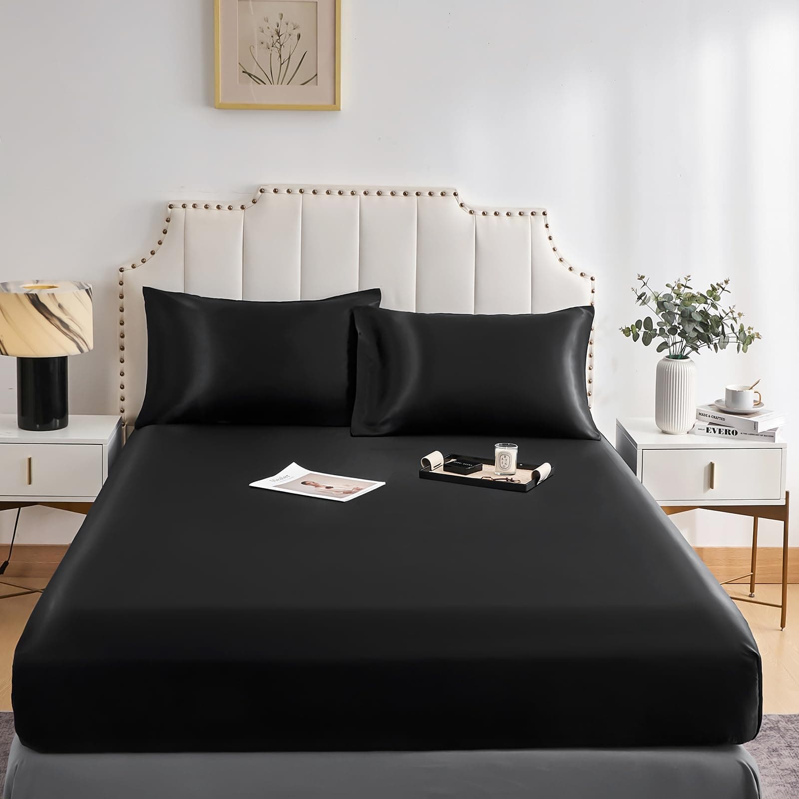 DuShow Fitted Sheet-Deep Pocket Satin Silky Bed Sheet,Breathable Soft and Comfortable-Wrinkle,Fade,Satin and Abrasion Resistant(Double,Black)