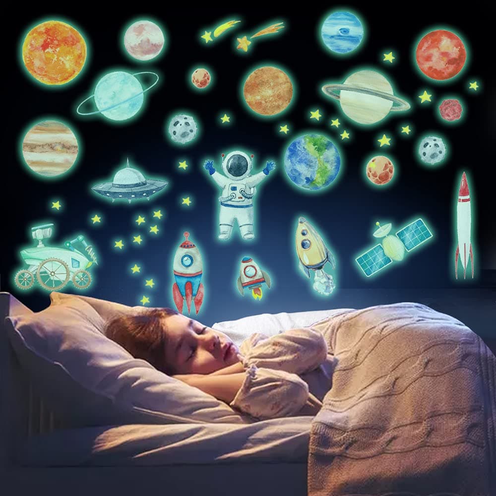 Glow Planets and Rockets, Bright Solar System Wall Decal, Glowing Ceiling Decals for Bedroom Living Room, Glow in The Dark Galaxy Astronaut Rocket Space Shooting Stars for Kids Girls Boys