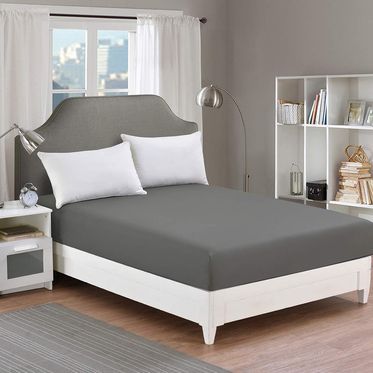 RUIKASI Deep Fitted Sheet King Size - Dark Grey Kingsize Fitted Bed Sheet 40cm/16 inch, Ultra Soft Polyester Bottom Sheet 150X200cm