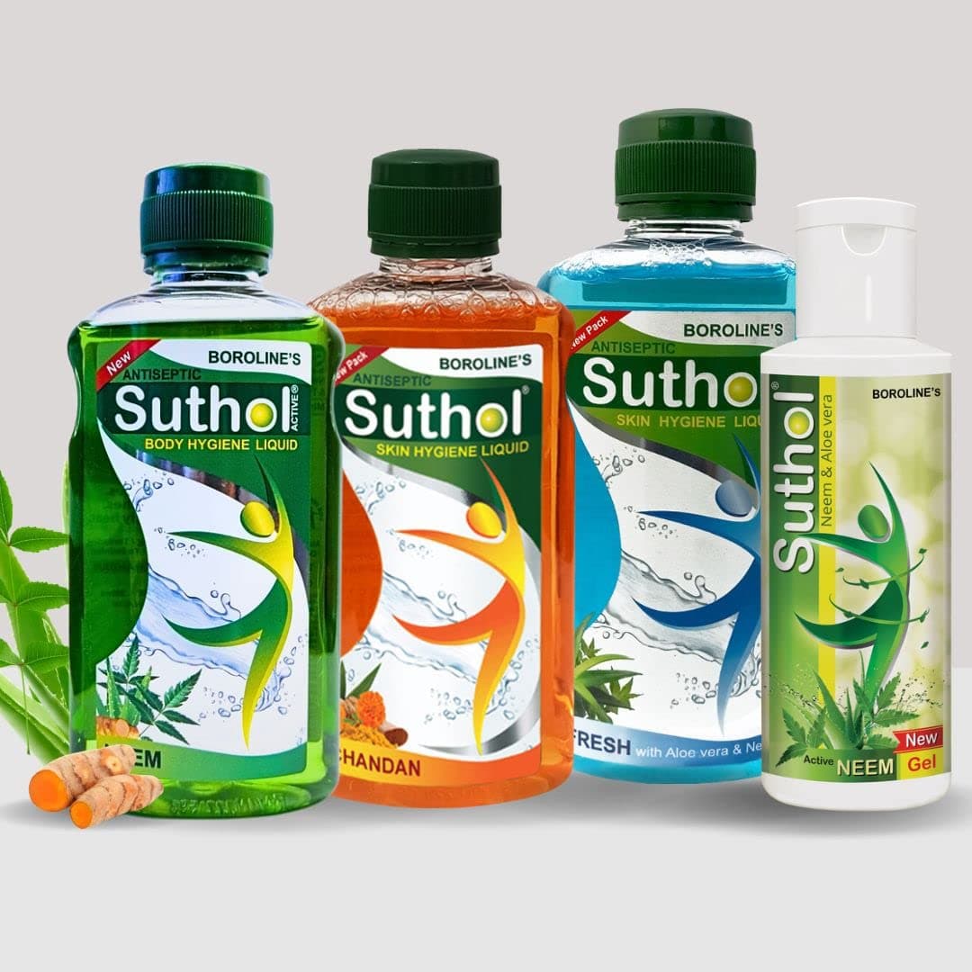 BOROLINE's Suthol Active Neem Gel 100 ml + Neem + Active Chandan + Aloe Vera | 200 ml Each | Stops Skin Irritations, Prickly Heat, Itching, Rashes (Pack of 4)