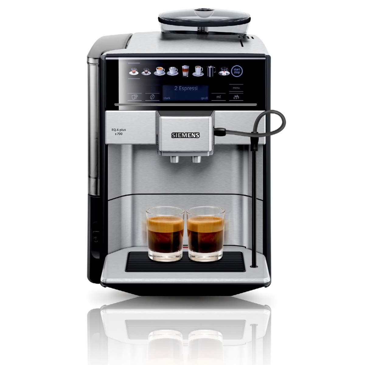 SIEMENS EQ.6 plus s700 Freestanding Fully-auto Espresso machine 1.7L 2cups Black,Grey EQ.6 plus s700, Freestanding, Espresso machine, 1.7 L, Built-in grinder, 1500 W, Black, Grey