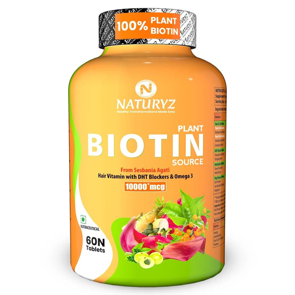 NATURYZ 100% Plant Based Biotin Tablets with High Protein Vitamin DHT Omega 3 for Strong Hairs,Nails Growth & Glowing Skin - 60 Tablets, 100 grams