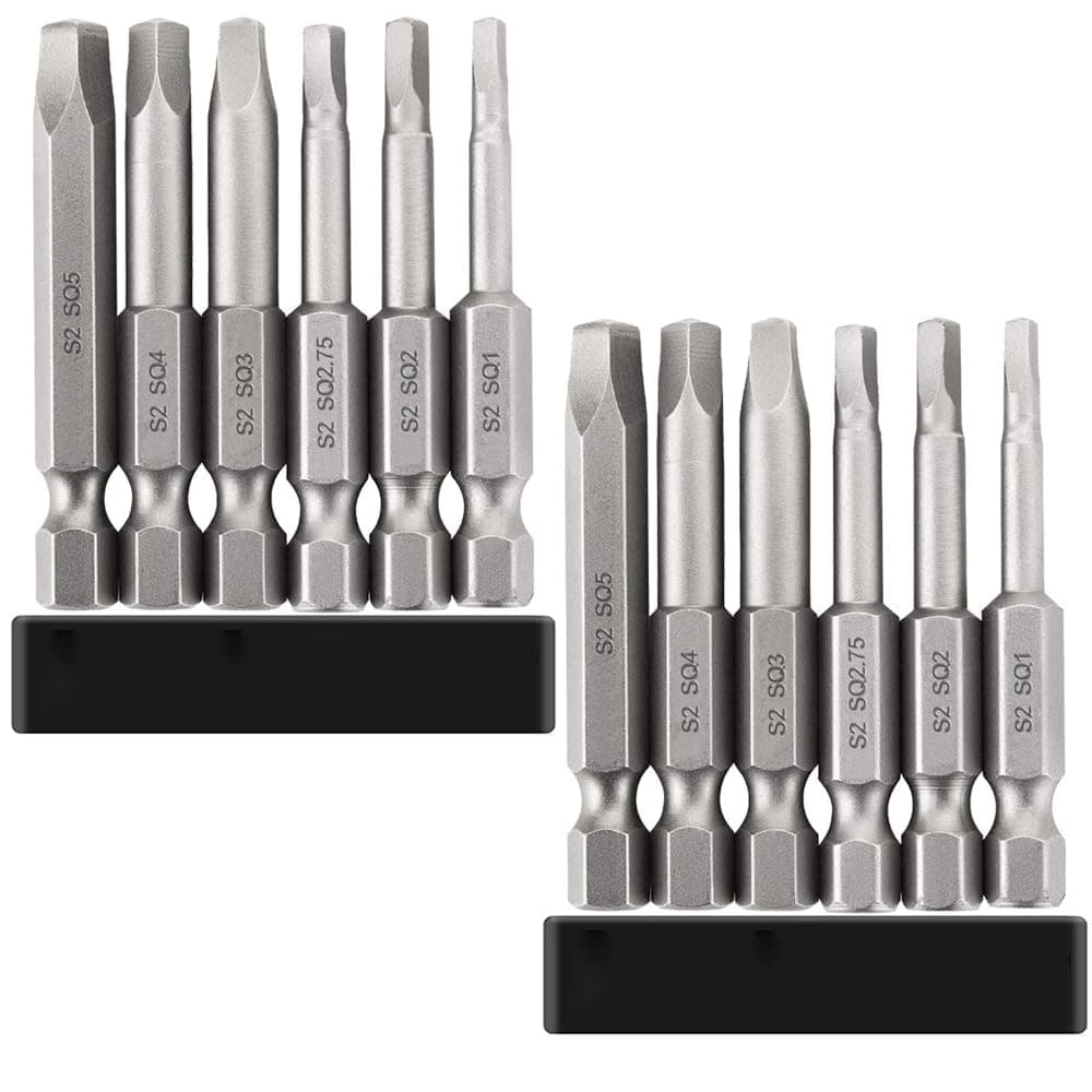 12PCS Magnetic Square Head Screwdriver Bits Set 2 Inch Length 1/4'' Hex Shank Robertson Square Drive Bit S2 Steel SQ1, SQ2, SQ2.7, SQ3, SQ4, SQ5 Quick Release Power Tools, 2 Set of 6