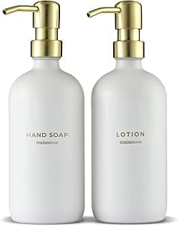 MaisoNovo Glass Soap Dispenser with Pump | Vintage Soap Dispenser Bathroom and Kitchen Set w. Dish Soap, Hand Soap, Lotion Waterproof Labels | White Bottles with Gold Pumps