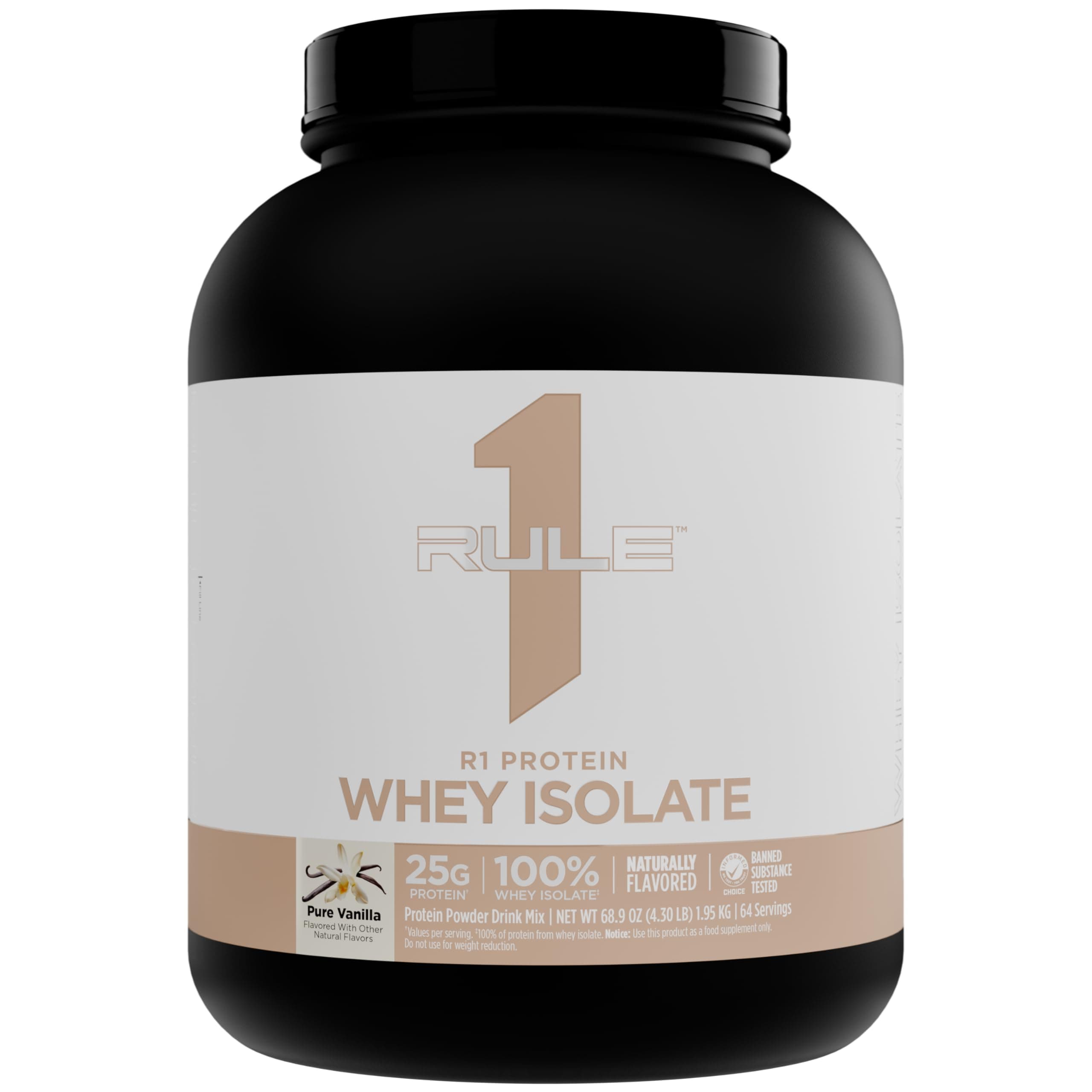 Rule 1 Naturally Flavored R1 Protein Whey Isolate - Clean Formula with 25g Protein & 6g BCAA Exclusively Isolated & Hydrolyzed Sources for Workout Recovery (4.3 Pounds*, Pure Vanilla)