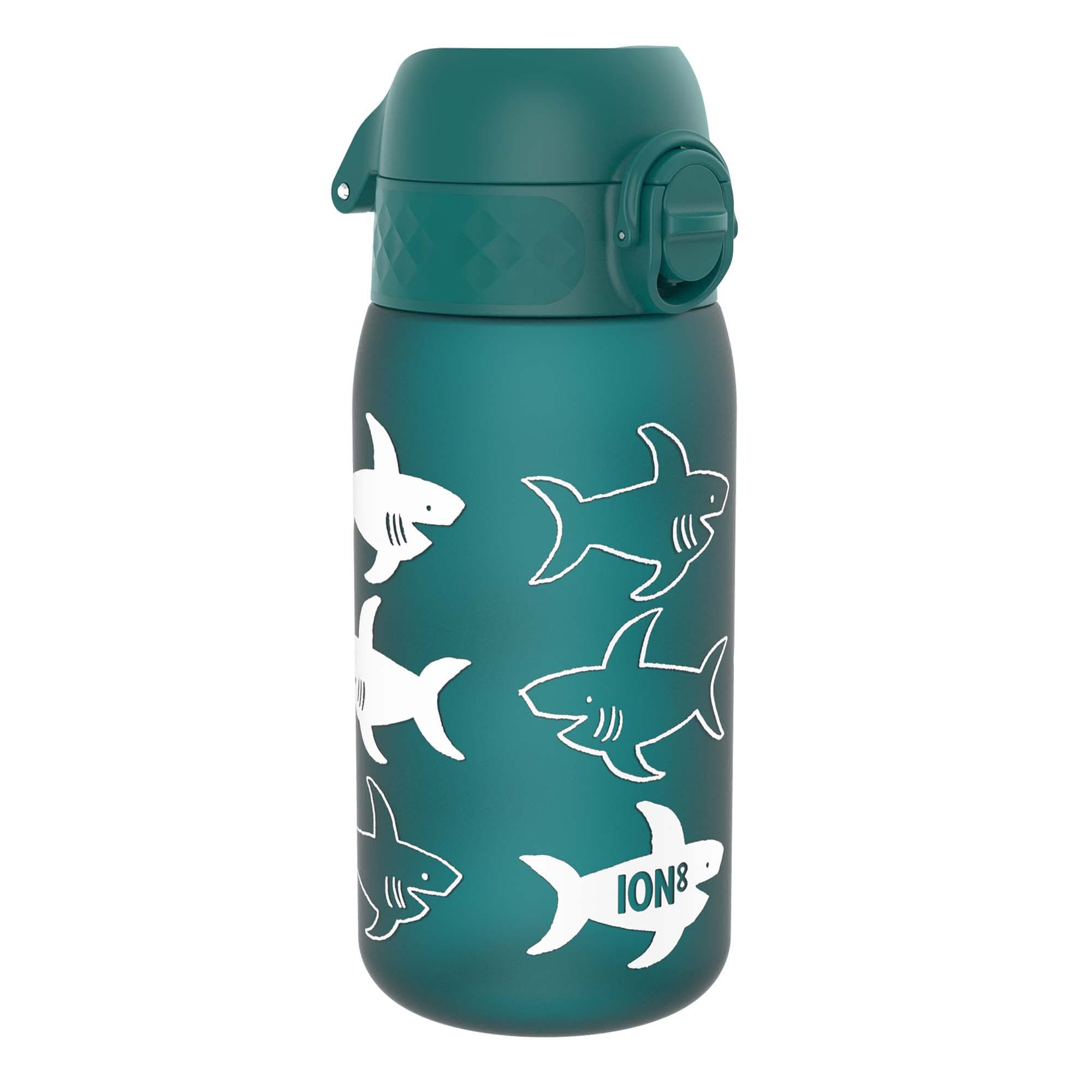 Ion8 Small Water Bottle, Leak Proof, Easy to Open, Secure Lock, Dishwasher Safe, Flip Cover, Carry Handle, Easy Clean, Durable, Water Bottle, Raised Print, Blue, Sharks