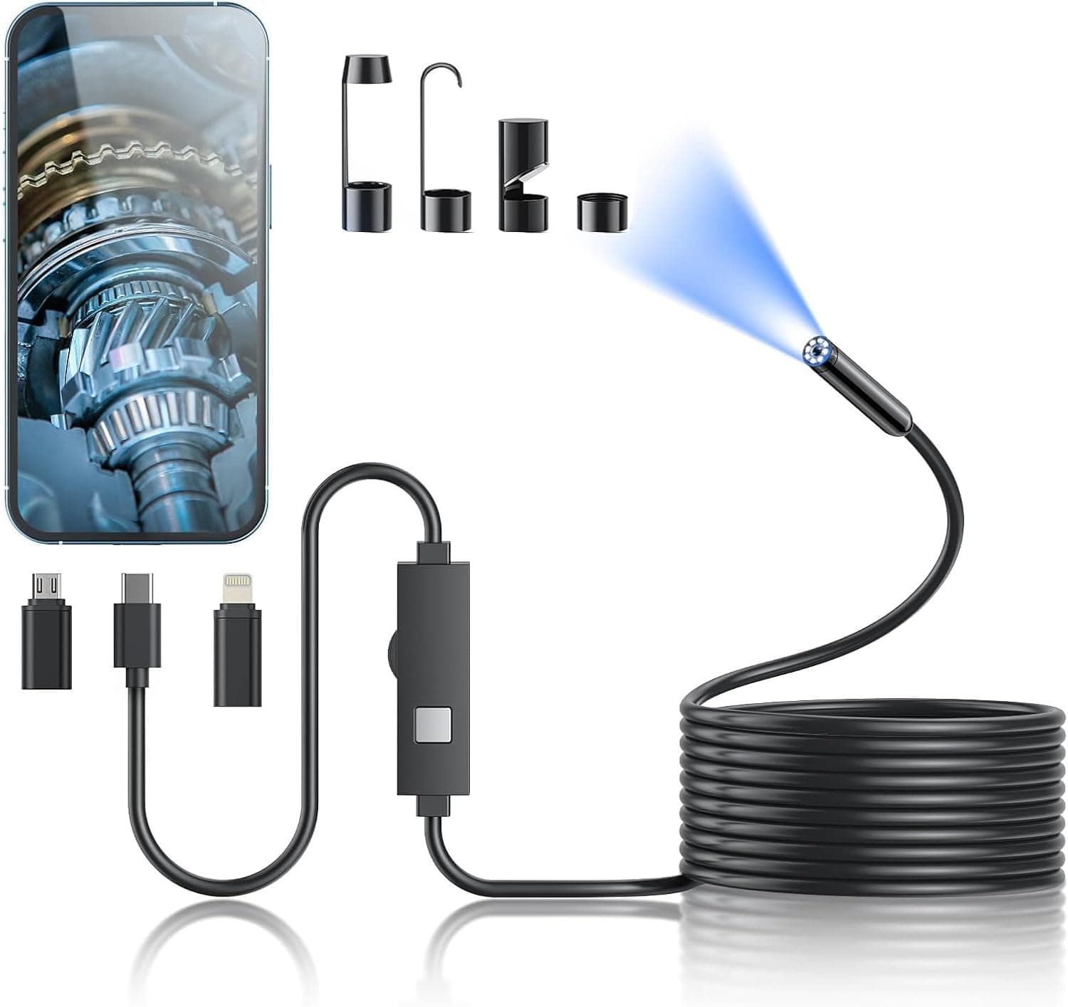 Kinpthy Endoscope Camera With Light, 1920P Hd Borescope 8 Adjustable Led Lights, 16.4Ft Semi-Rigid Snake Camera, 7.9Mm Ip67 Waterproof Inspection For Ios And Android