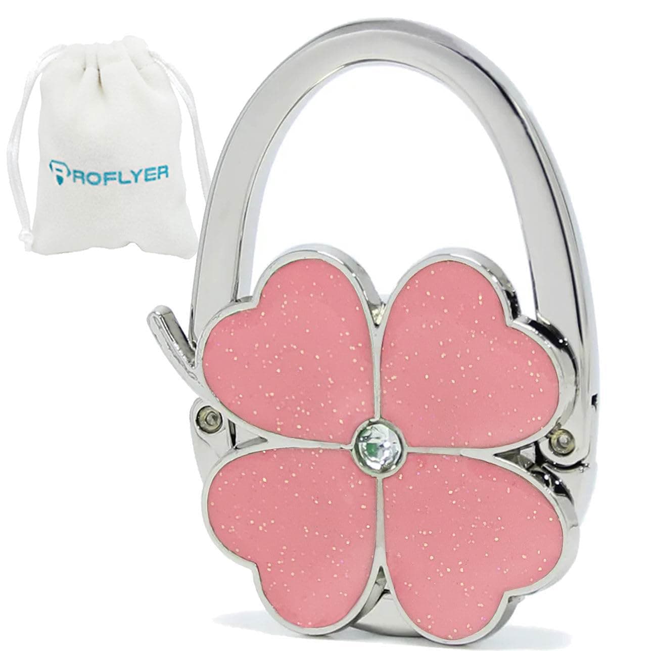 ROFLYER Four Leaf Clover Design Foldable Handbag Hanger Folding Purse Table Hook Holder (Pink)