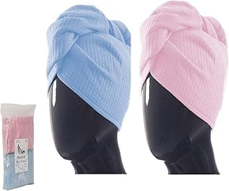100% Turkish Cotton Hair Towel Wrap for Women,Non Microfiber,Super Absorbent,AntiFrizz,Plopping Hair Drying Waffle Bath Towels for Curly,Long&Thick Hairs,Head Wrap,2 Pack10x26inc (Pink+Blue)