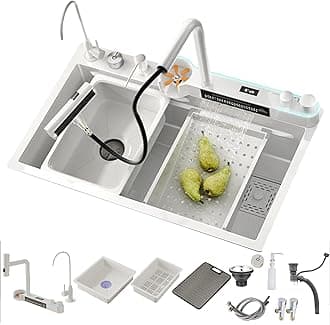 Black Stainless Steel Waterfall Kitchen Sink With Digital Display and New Dual Mode Faucet - Multifunctional With Accessories (BS-85x45x22CM)