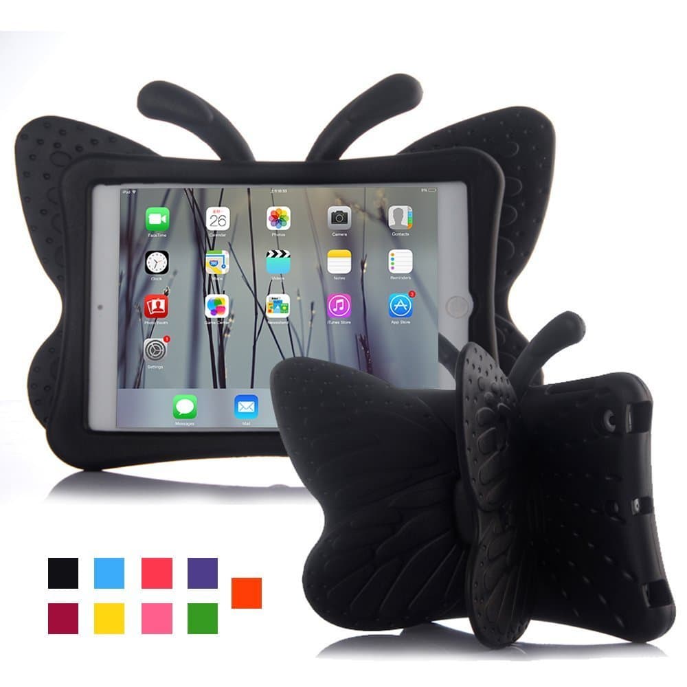 iPad Mini case, Leebay Non-Toxic Light EVA Kids-use 3D Cartoon Butterfly ipad Mini 4 3 2 case, Shockproof Cover with Stand for Kids (Black)