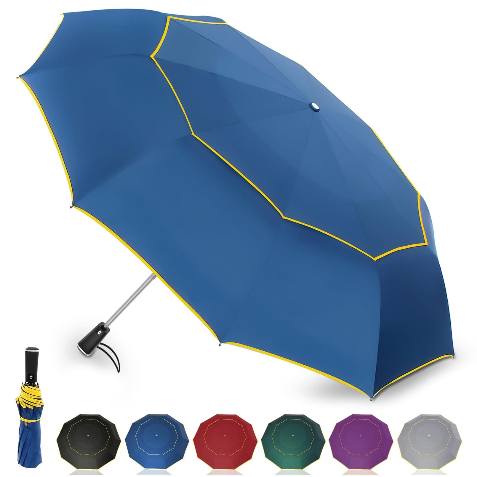 Satol Extra Large Golf Umbrella, 46/54/62 Inch Windproof 10 Ribs Vented Double Canopy Reflective Strips Automatic Open/Close Waterproof UV Protection Portable Compact Umbrella for Outdoor & Travel