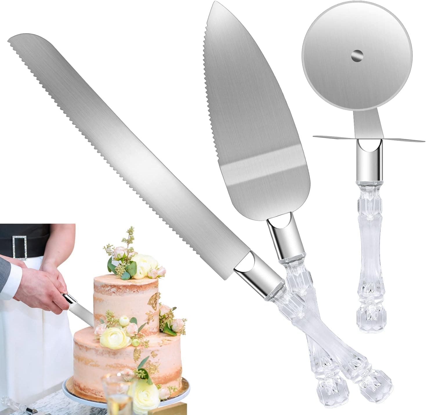 Shinzy 3 Pcs Wedding Cake Knife and Server Set Cake Knife with Crystal Handle Gifts for Wedding,Engagement,Anniversary,Birthday and Baby Shower Party