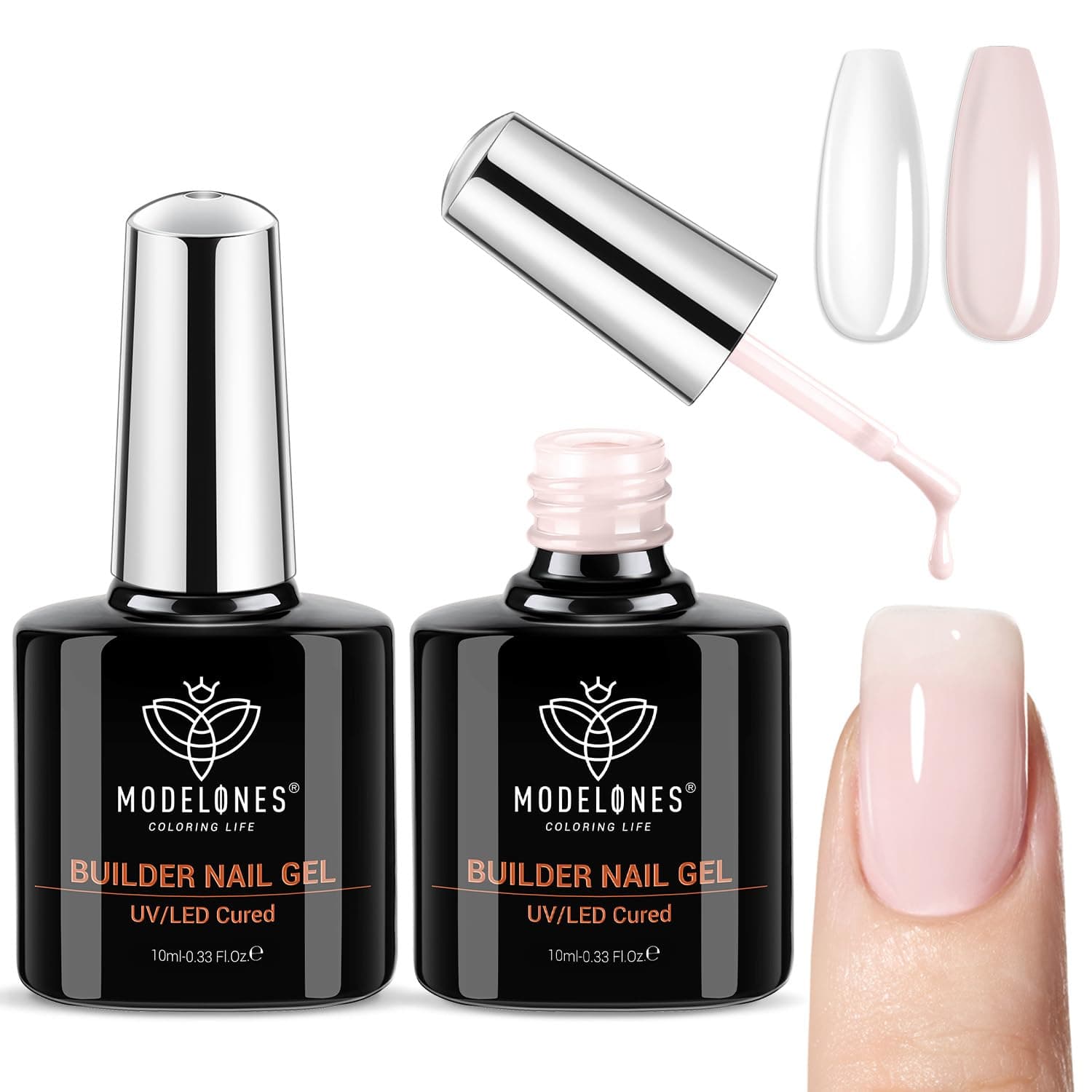 modelones Builder Nail Gel, 2 Pcs Clear and Cover Nude Builder Nail Polish, 8-in-One Apex Building Thickening Strengthener Extension Rubber Color Base Gel for DIY Home Salon Gifts LED Lamp Cured 10ml