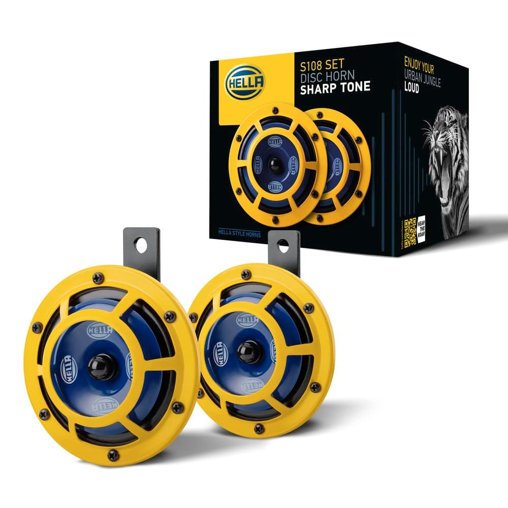 [Made in Germany] Sharp Twin Tone (Disc Type) Horn "Sharp Twin Tone Horn" Color: Yellow (Outer)/Navy (Inner); Contents: Treble + Bass 2 p Set Compatible with Car Inspection *HELLA/HELLER company supplies genuine (OEM) parts to European car manufacturers such as BENZ and BMW. TRUSTED MANUFACTURER 3BB 922 000-731