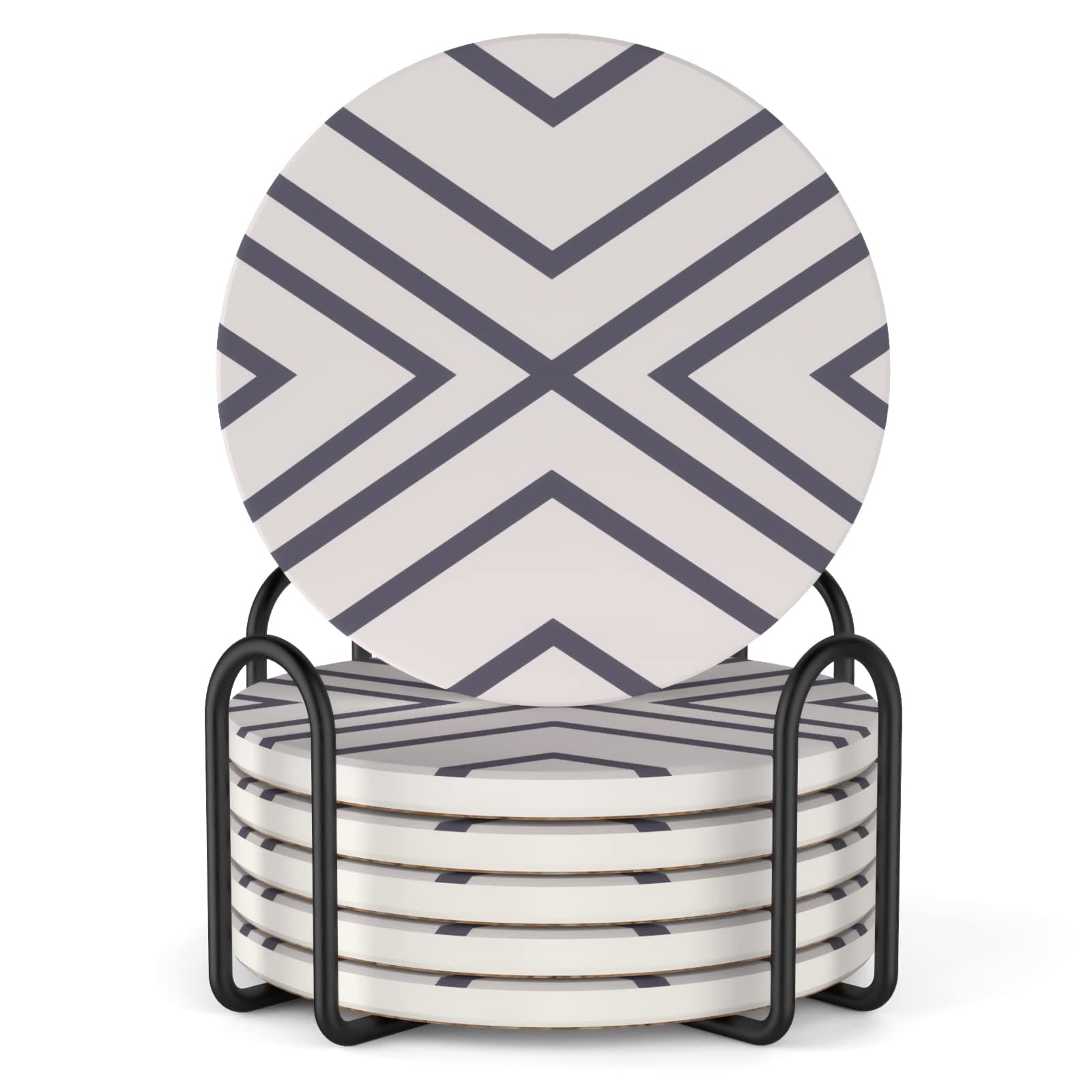 6 Piece Absorbent Stone Coaster Set with Holder, Ceramic Drink Coasters, 4 Inch Farmhouse Coasters with Cork Base, Ideal Gift for Housewarming