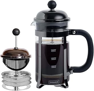 Sipologie Vintage French Press Coffee Maker 600ml, Black I 4-Level Filtration I Heat Resistant Borosilicate Glass I Stainless Steel Housing | Measurement Marking, Coffee Spoon, Extra Filter Mesh