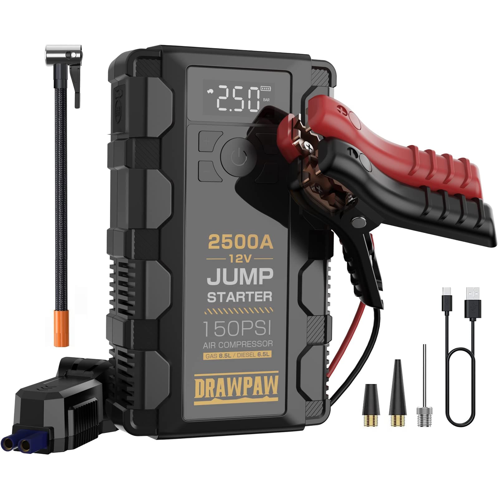 Jump Starter with Air Compressor, 2500A Car Battery Booster Pack with 150PSI Digital Tire Inflator, 12V Auto Jumper Cables Jump Box for Vehicles up 8.5L Gas or 6.5L Diesel
