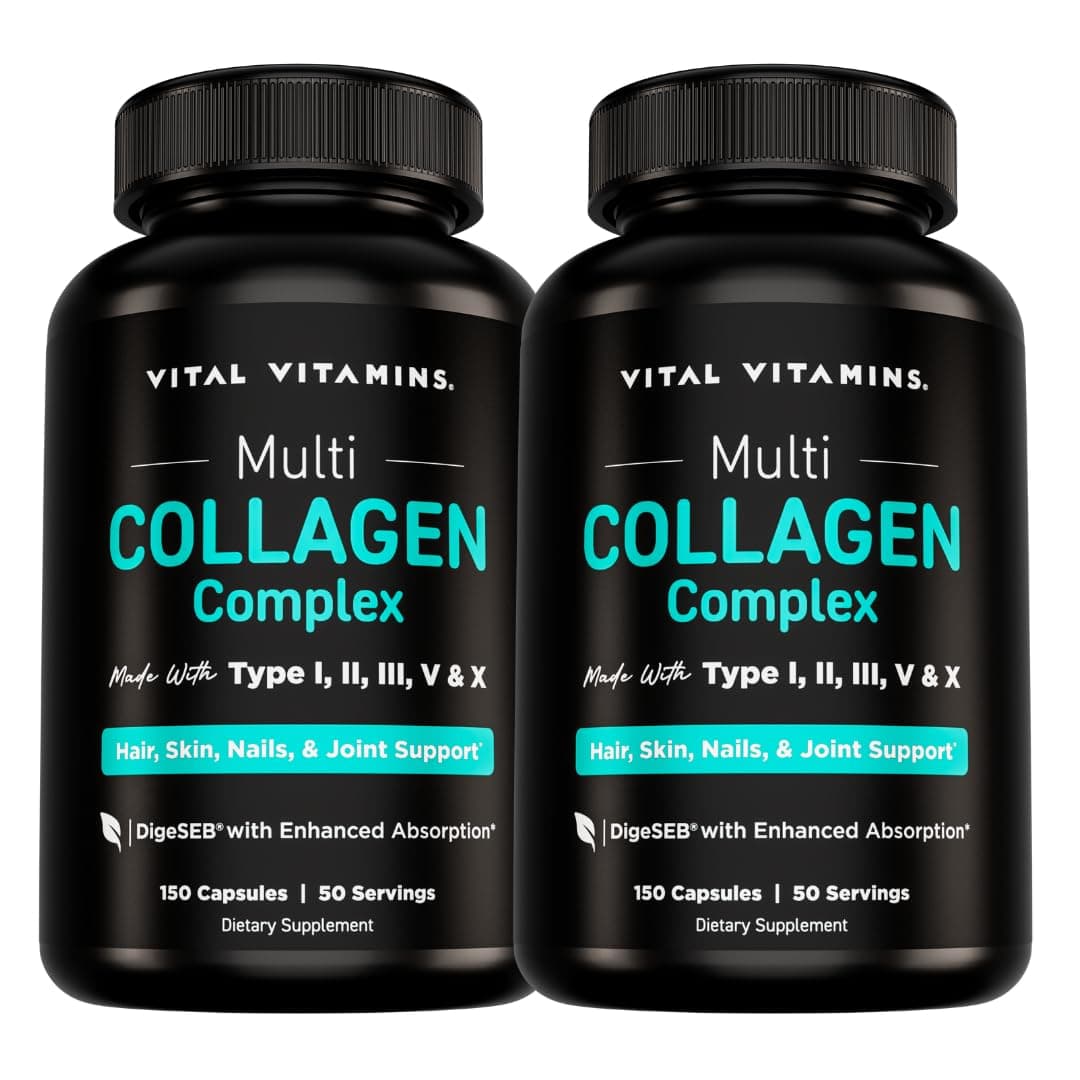 Vital Vitamins Multi Collagen Capsules (2-Pack) - Type I, II, III, V, X - Grass-Fed, Collagen Peptides Supplements, Non-GMO - for Men & Women