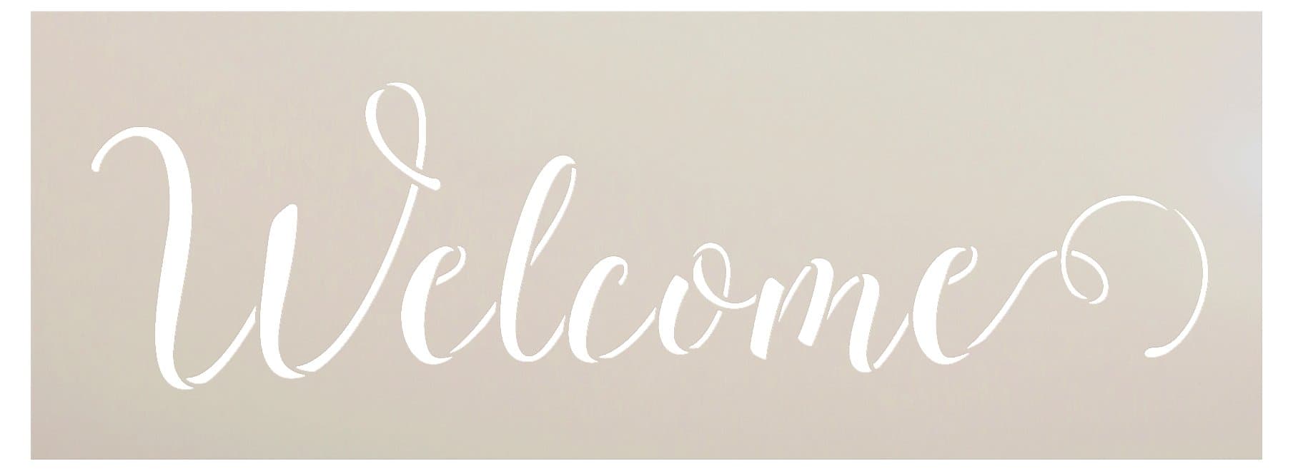 Welcome Stencil by StudioR12 | Sunny Cursive Script Word Art | Reusable Mylar Template | Paint & Craft Wood Sign | Use for Wall Art, DIY Home Decor | Select Size (11" x 4")