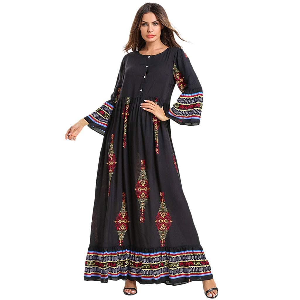 perfectCOCO Womens Long Maxi Dress Kaftan Boho Print Cotton Flowy Casual Abaya Ball Gown Prom Dresses Black