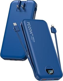 citicr Portable Charger Power Bank, 10000mAh PD20W USB C Fast Charging with Built-in Cables & Wall Plug, 5-in-1 External Battery Pack with LED Display, Perfect Backup for iPhone, iPad, Samsung Navy