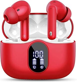 Wireless Earbuds Bluetooth 5.3 Headphones Bass Stereo Ear Buds with Noise Cancelling Mic LED Display in Ear Earphones IP7 Waterproof 36H Playtime for Laptop Pad Phones Sports Wine Red