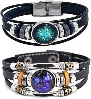2Pcs Multilayer Constellation Zodiac Leather Bracelet Handmade Woven Zodiac Sign Wrap Bracelet Wristband for Women Men Jewelry Birthday Gift