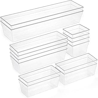 SKY-TOUCH 14pcs Clear Plastic Drawer Organizer,Drawer Organizer Trays,Desk Drawer Organizer Trays,4 Size Large Storage Organizer Divider Set for Fridge Organizer, Bathroom, Vanity Storage Bins,Office