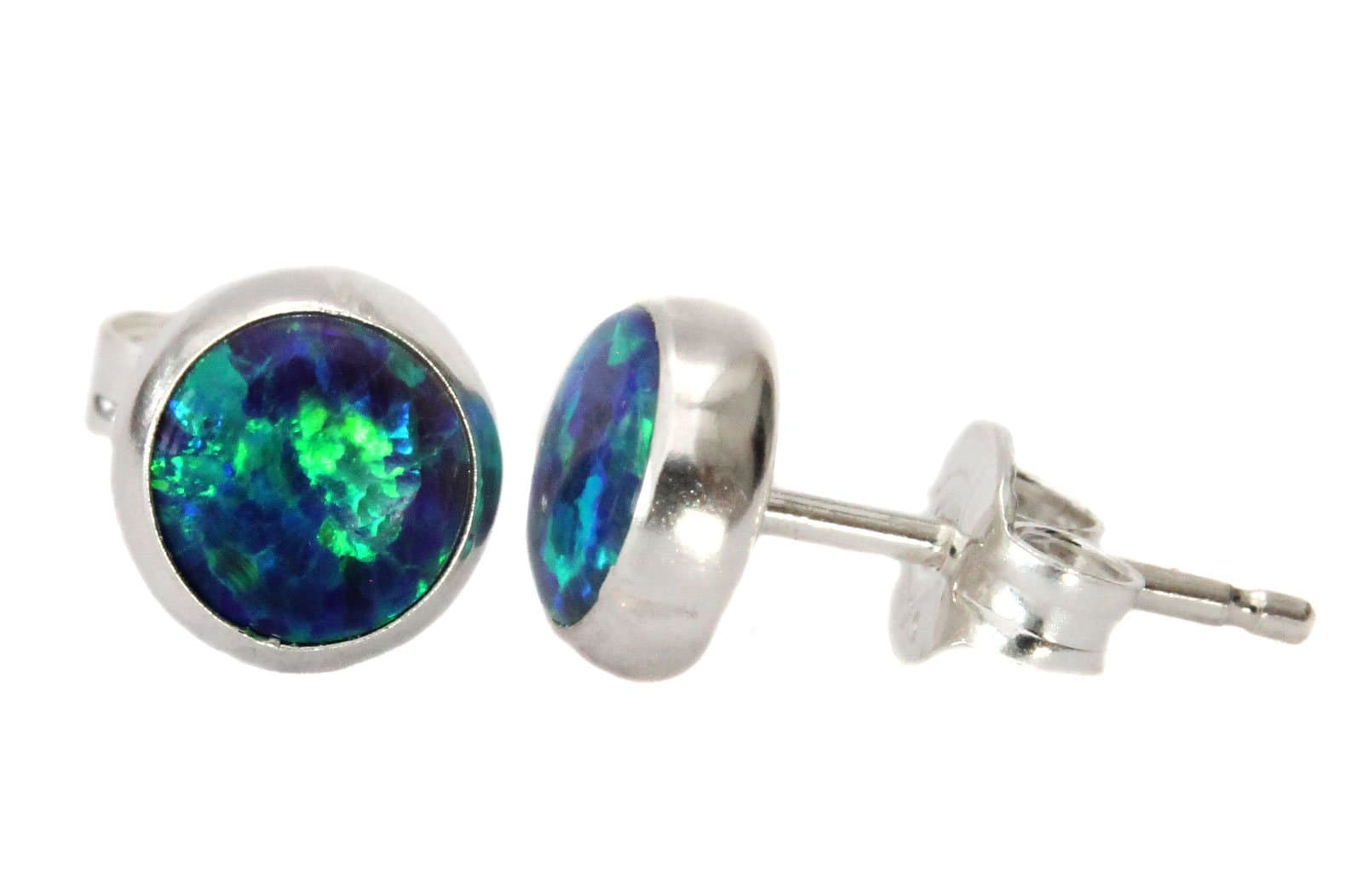 Black Moon® Sterling Silver 6mm Dark Blue Green Fire Opal Moonstone Stud Earrings October Birthstone