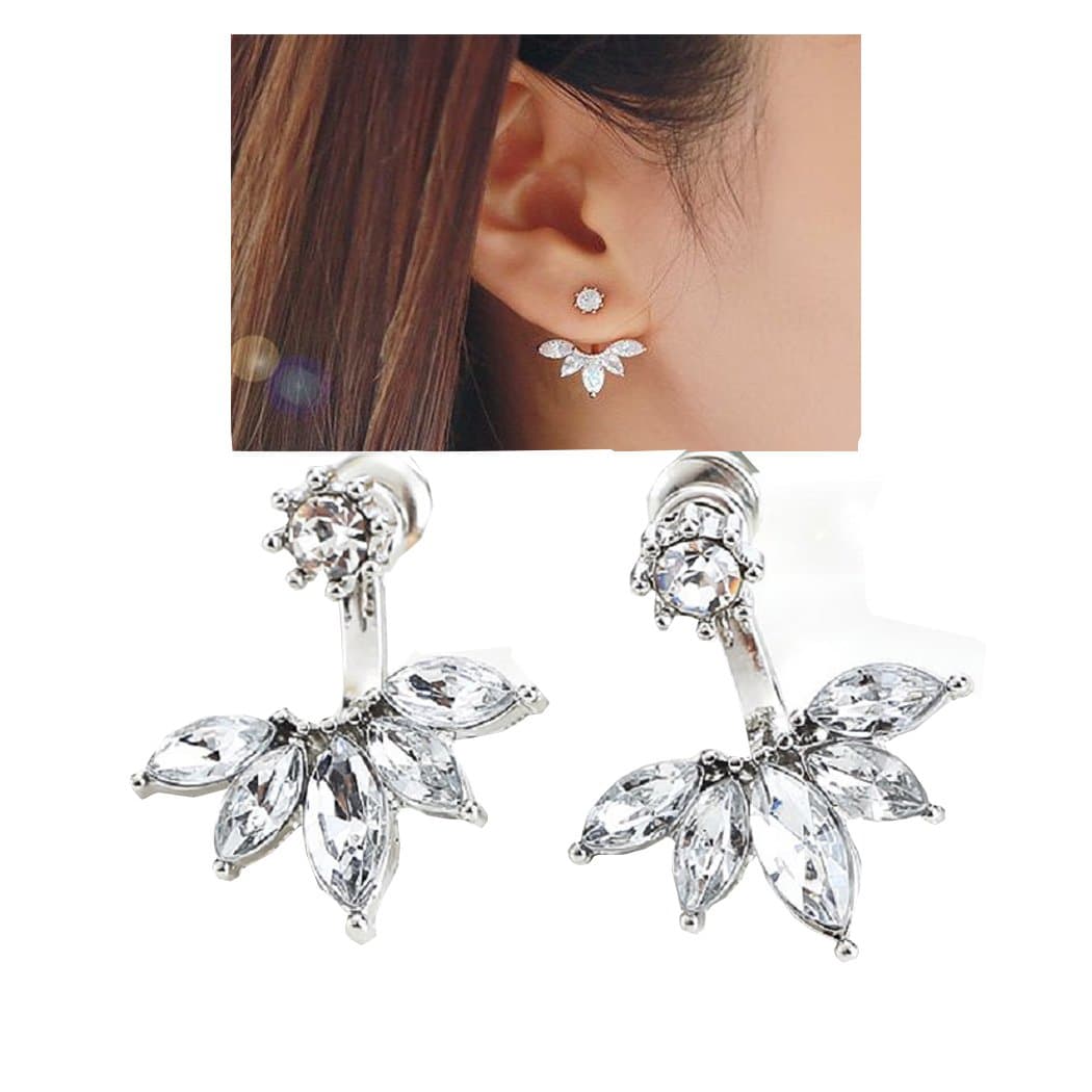 Lady Clear Crystal Leaf Feather Ear Jacket Earrings Back Ear Cuffs Stud Earrings for Women SUNSCSC