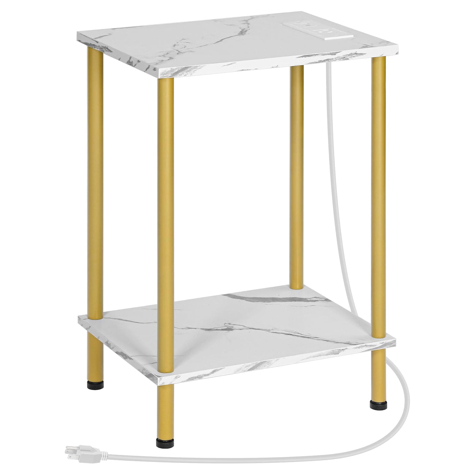 Side Table with Charging Station, End Table with USB Port and Outlet, Nightstand with 2-Layer Storage Shelves for Small Spaces, Living Room, Bedroom, Stable Frame, Gold and Marble DM09UBZ01